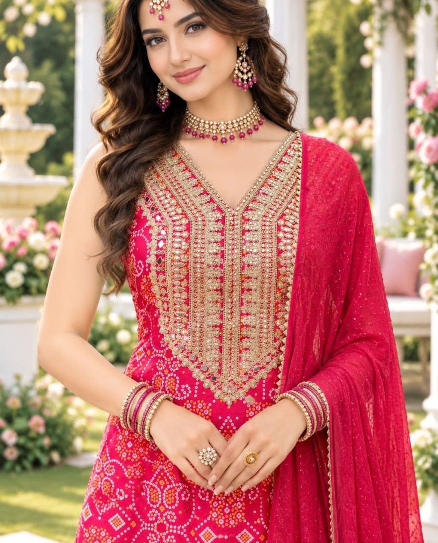 2191 - Designer Rani Pink Salwar Suit with Golden Embroidered Border